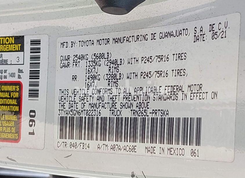 Photo 9 of 2021 Toyota Tacoma SR (VIN 3TYAX5GN6MT022316)