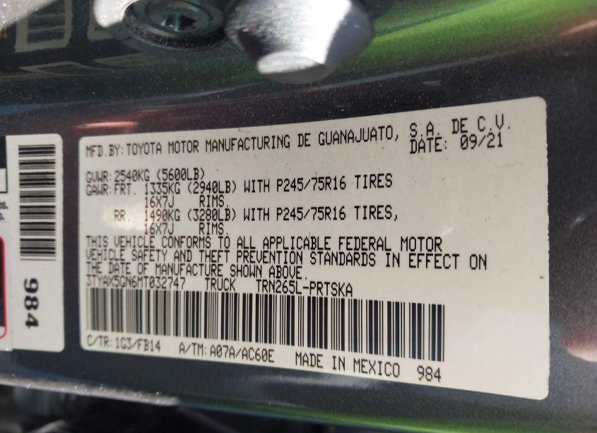 Photo 9 of 2021 Toyota Tacoma SR (VIN 3TYAX5GN6MT032747)