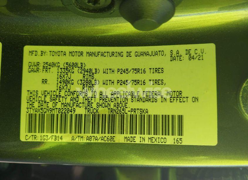 Photo 9 of 2021 Toyota Tacoma SR (VIN 3TYAX5GN9MT022049)