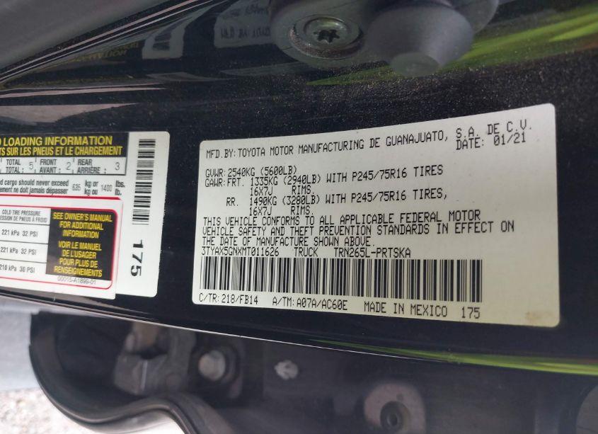 Photo 9 of 2021 Toyota Tacoma SR (VIN 3TYAX5GNXMT011626)