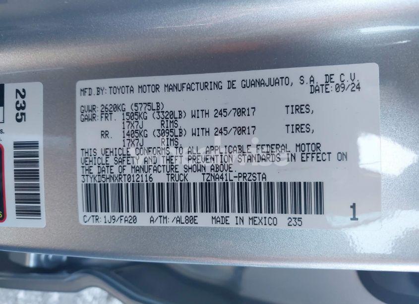 Photo 9 of 2024 Toyota Tacoma SR (VIN 3TYKD5HNXRT012116)