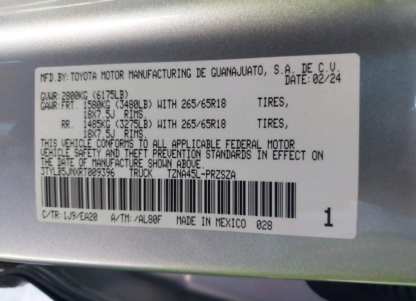 Photo 9 of 2024 Toyota Tacoma SR5 (VIN 3TYLB5JNXRT009396)