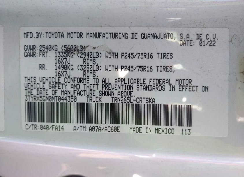 Photo 9 of 2022 Toyota Tacoma SR (VIN 3TYRX5GN0NT044350)
