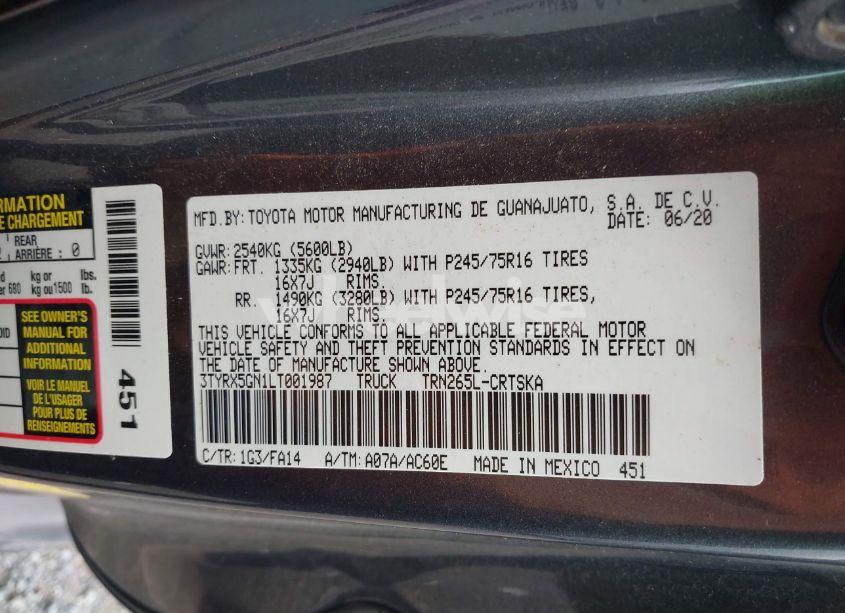 Photo 9 of 2020 Toyota Tacoma SR (VIN 3TYRX5GN1LT001987)