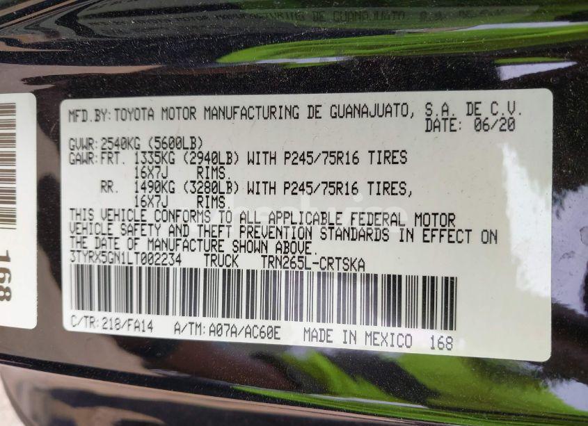 Photo 9 of 2020 Toyota Tacoma SR (VIN 3TYRX5GN1LT002234)