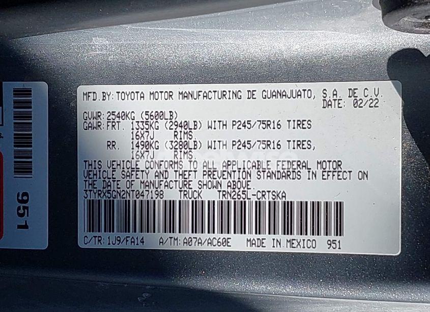 Photo 9 of 2022 Toyota Tacoma SR (VIN 3TYRX5GN2NT047198)