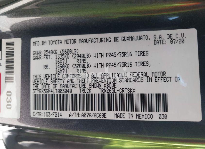 Photo 9 of 2020 Toyota Tacoma SR (VIN 3TYRX5GN4LT003040)