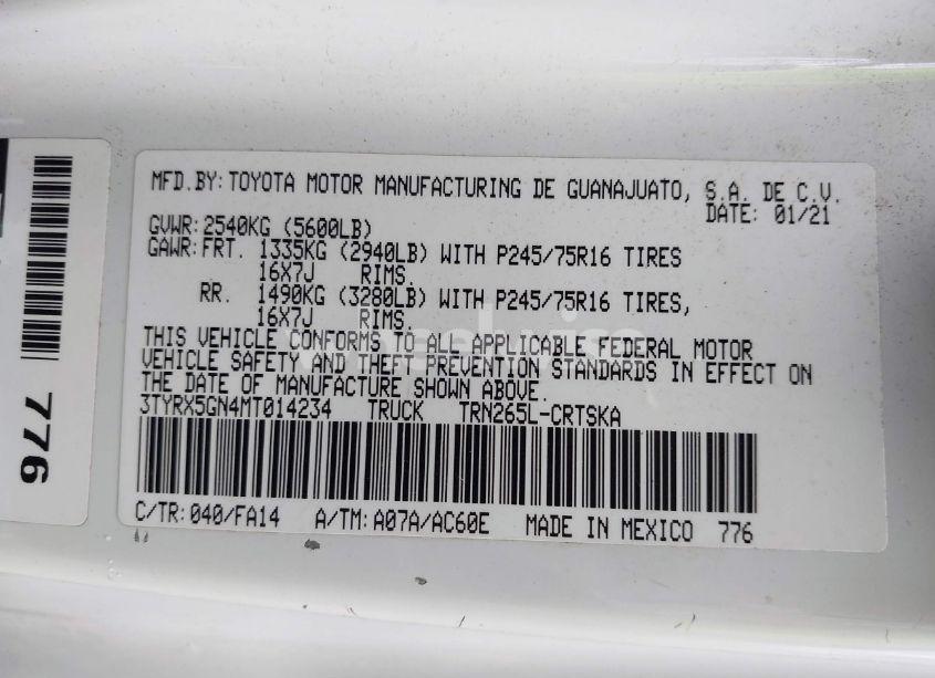 Photo 9 of 2021 Toyota Tacoma SR (VIN 3TYRX5GN4MT014234)