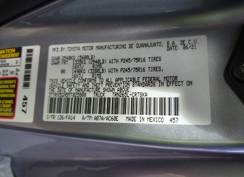 Photo 9 of 2021 Toyota Tacoma SR (VIN 3TYRX5GN5MT025808)