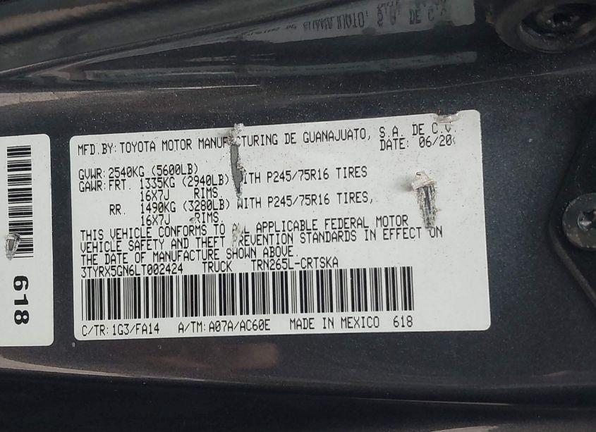 Photo 9 of 2020 Toyota Tacoma SR (VIN 3TYRX5GN6LT002424)