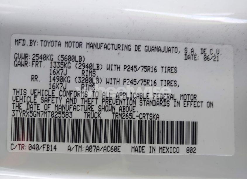 Photo 9 of 2021 Toyota Tacoma SR (VIN 3TYRX5GN7MT025583)