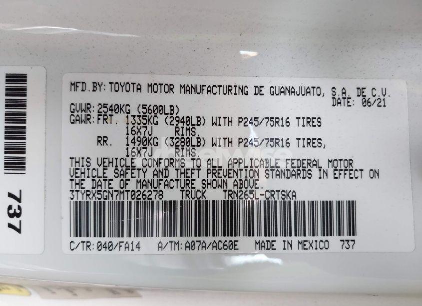 Photo 9 of 2021 Toyota Tacoma SR (VIN 3TYRX5GN7MT026278)
