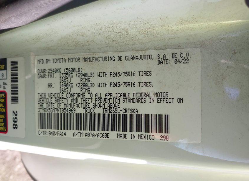 Photo 9 of 2022 Toyota Tacoma SR (VIN 3TYRX5GN7NT054969)