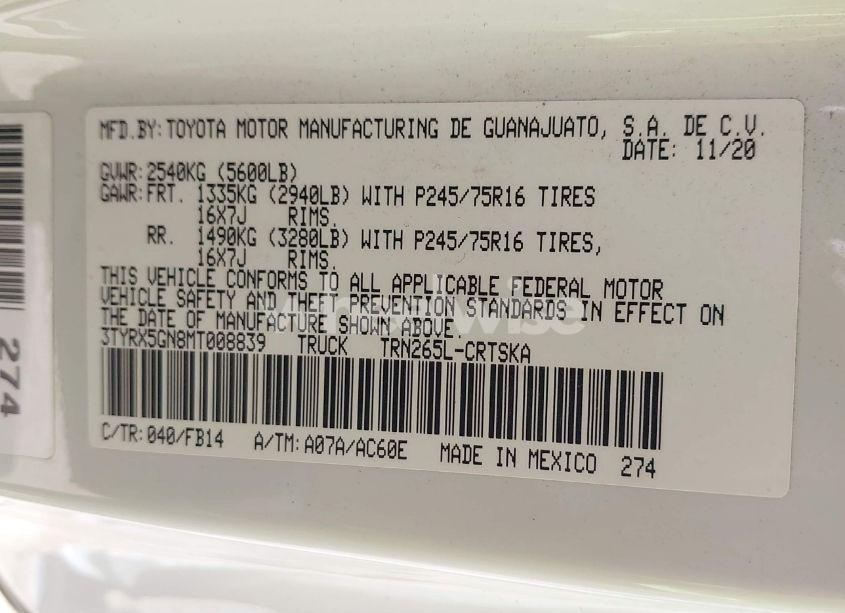 Photo 9 of 2021 Toyota Tacoma SR (VIN 3TYRX5GN8MT008839)
