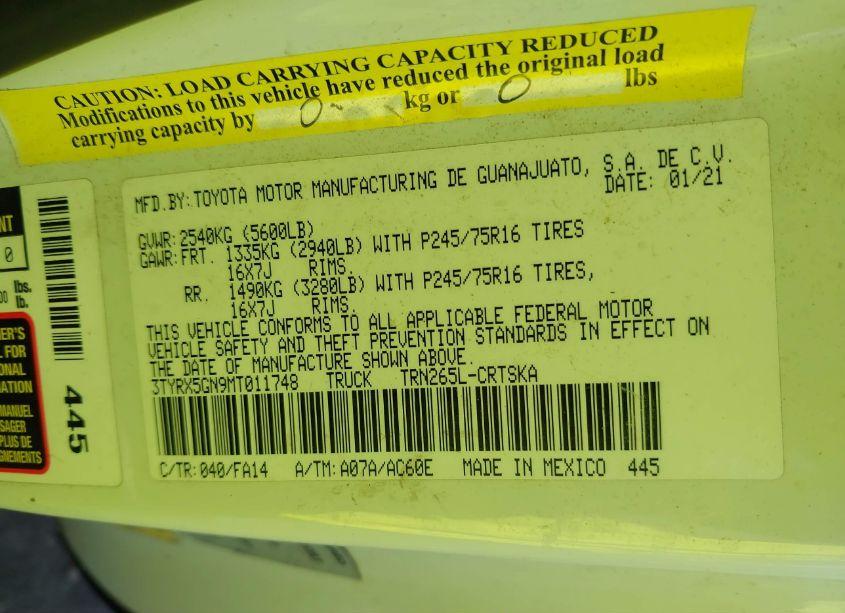 Photo 9 of 2021 Toyota Tacoma SR (VIN 3TYRX5GN9MT011748)