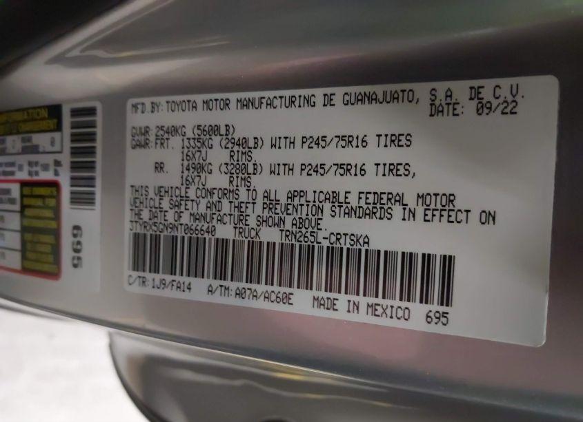Photo 9 of 2022 Toyota Tacoma SR (VIN 3TYRX5GN9NT066640)