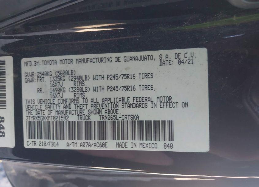 Photo 9 of 2021 Toyota Tacoma SR (VIN 3TYRX5GNXMT021592)