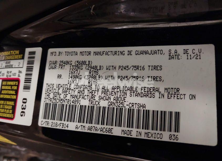 Photo 9 of 2022 Toyota Tacoma SR V6 (VIN 3TYRZ5CN5NT014891)