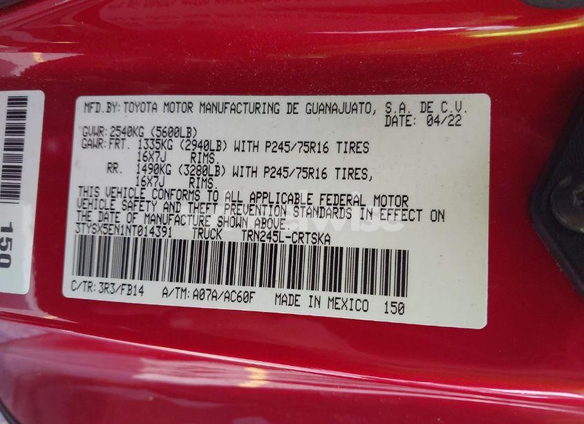 Photo 9 of 2022 Toyota Tacoma SR (VIN 3TYSX5EN1NT014391)