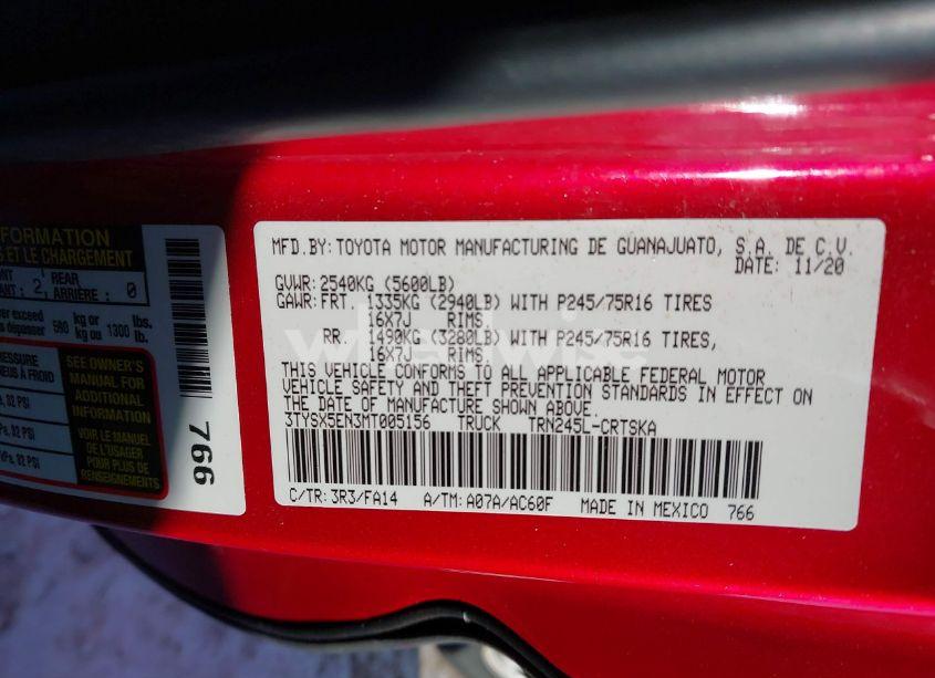 Photo 9 of 2021 Toyota Tacoma SR (VIN 3TYSX5EN3MT005156)