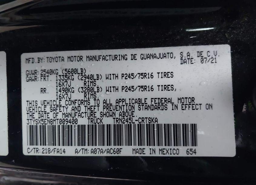 Photo 9 of 2021 Toyota Tacoma SR (VIN 3TYSX5EN8MT009400)