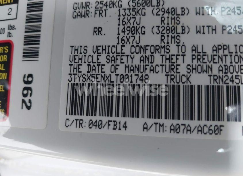 Photo 9 of 2020 Toyota Tacoma SR (VIN 3TYSX5ENXLT001748)