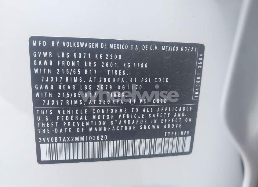 Photo 9 of 2021 Volkswagen Tiguan 2.0T S (VIN 3VV0B7AX2MM103620)