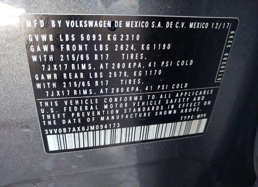 Photo 9 of 2018 Volkswagen Tiguan 2.0T S (VIN 3VV0B7AX6JM094173)