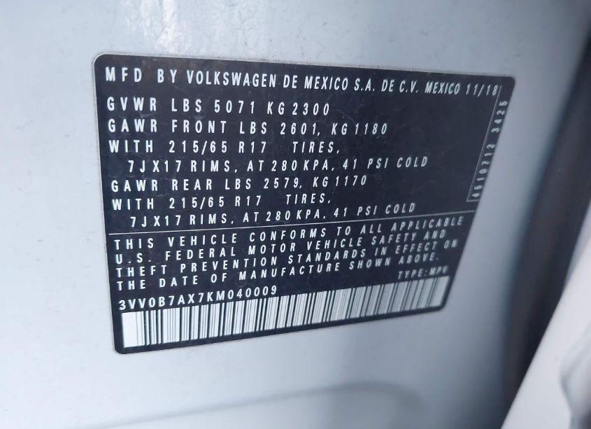 Photo 9 of 2019 Volkswagen Tiguan 2.0T S (VIN 3VV0B7AX7KM040009)