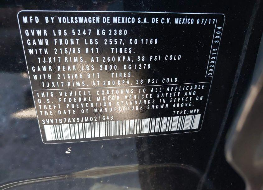 Photo 9 of 2018 Volkswagen Tiguan 2.0T S (VIN 3VV1B7AX9JM021643)