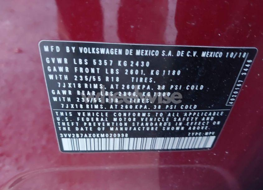 Photo 9 of 2019 Volkswagen Tiguan 2.0T SE/2.0T SEL/2.0T SEL R-LINE/2.0T SEL R-LINE BLACK (VIN 3VV2B7AX0KM020998)