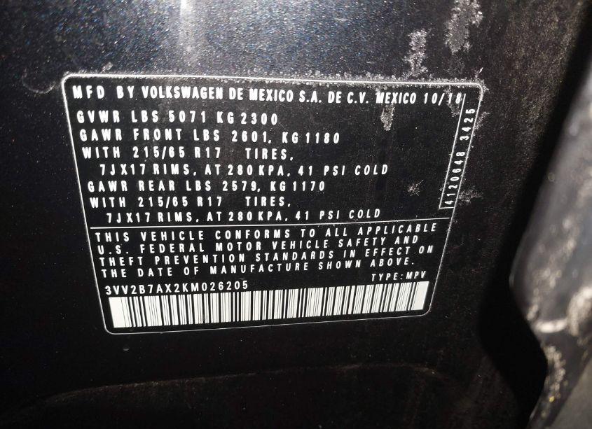 Photo 9 of 2019 Volkswagen Tiguan 2.0T SE/2.0T SEL/2.0T SEL R-LINE/2.0T SEL R-LINE BLACK (VIN 3VV2B7AX2KM026205)