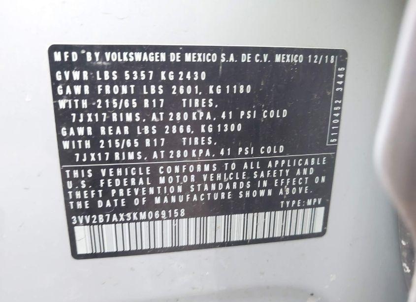 Photo 9 of 2019 Volkswagen Tiguan 2.0T SE/2.0T SEL/2.0T SEL R-LINE/2.0T SEL R-LINE BLACK (VIN 3VV2B7AX3KM069158)