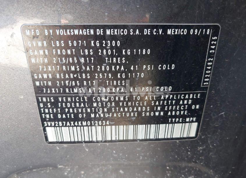 Photo 9 of 2019 Volkswagen Tiguan 2.0T SE/2.0T SEL/2.0T SEL R-LINE/2.0T SEL R-LINE BLACK (VIN 3VV2B7AX4KM013634)