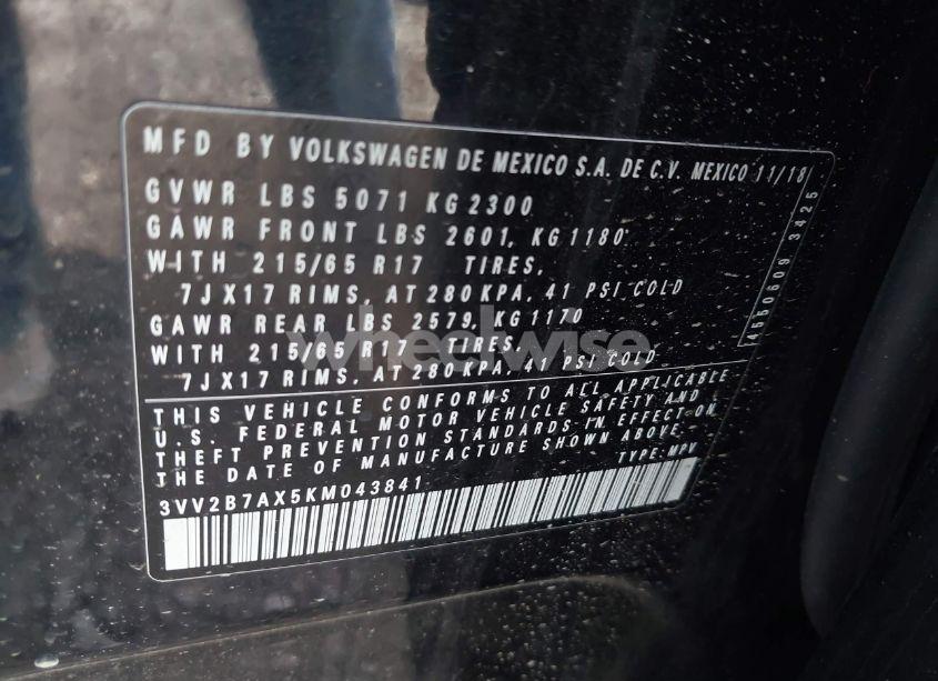 Photo 9 of 2019 Volkswagen Tiguan 2.0T SE/2.0T SEL/2.0T SEL R-LINE/2.0T SEL R-LINE BLACK (VIN 3VV2B7AX5KM043841)