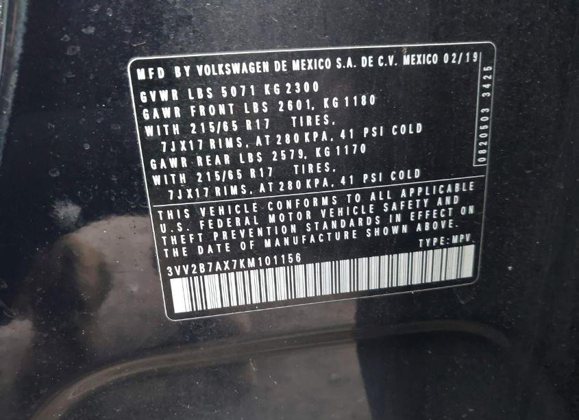 Photo 9 of 2019 Volkswagen Tiguan 2.0T SE/2.0T SEL/2.0T SEL R-LINE/2.0T SEL R-LINE BLACK (VIN 3VV2B7AX7KM101156)