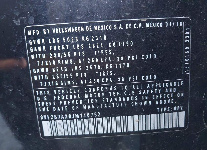 Photo 9 of 2018 Volkswagen Tiguan 2.0T SE/SEL (VIN 3VV2B7AX8JM146752)