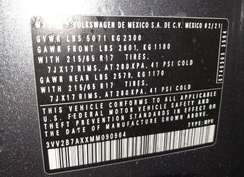 Photo 9 of 2021 Volkswagen Tiguan 2.0T SE/2.0T SE R-LINE BLACK/2.0T SEL (VIN 3VV2B7AXXMM090964)