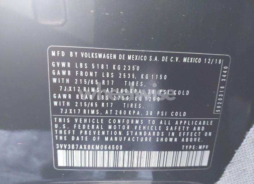 Photo 9 of 2019 Volkswagen Tiguan 2.0T SE/2.0T SEL/2.0T SEL R-LINE/2.0T SEL R-LINE BLACK (VIN 3VV3B7AX8KM064509)
