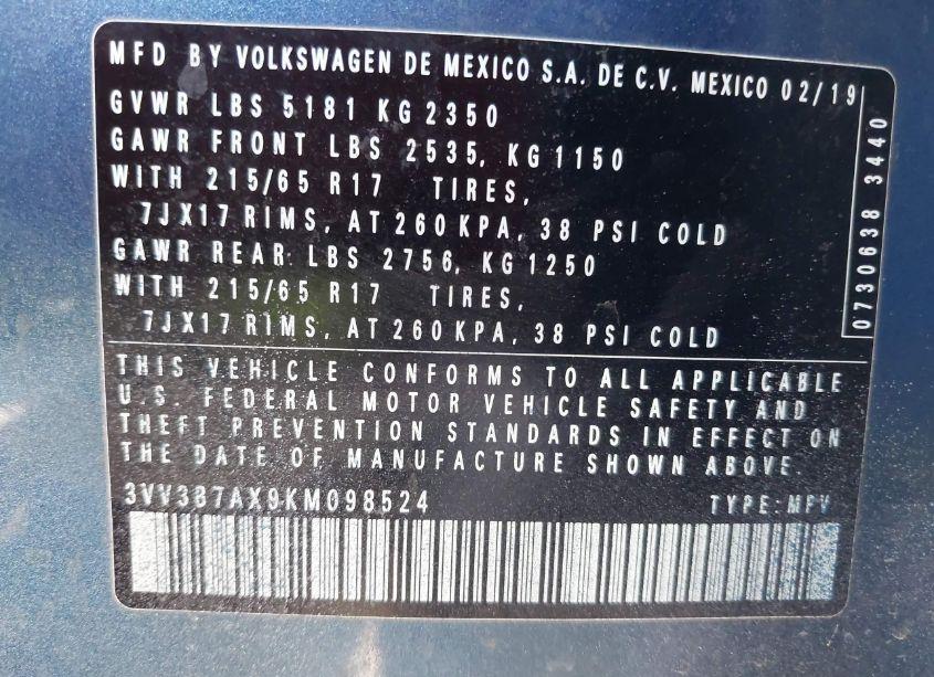 Photo 9 of 2019 Volkswagen Tiguan 2.0T SE/2.0T SEL/2.0T SEL R-LINE/2.0T SEL R-LINE BLACK (VIN 3VV3B7AX9KM098524)