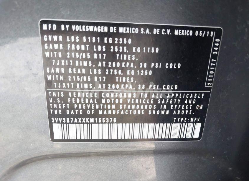 Photo 9 of 2019 Volkswagen Tiguan 2.0T SE/2.0T SEL/2.0T SEL R-LINE/2.0T SEL R-LINE BLACK (VIN 3VV3B7AXXKM155376)