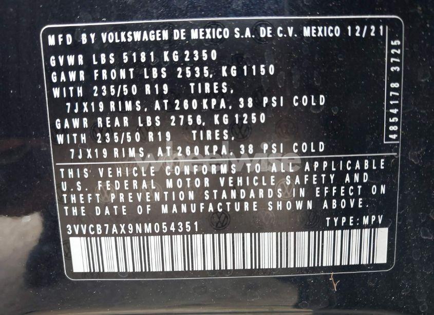 Photo 9 of 2022 Volkswagen Tiguan 2.0T SE R-LINE BLACK (VIN 3VVCB7AX9NM054351)