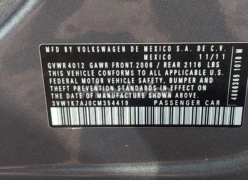 Photo 9 of 2012 Volkswagen Jetta 2.0L S (VIN 3VW1K7AJ0CM354419)