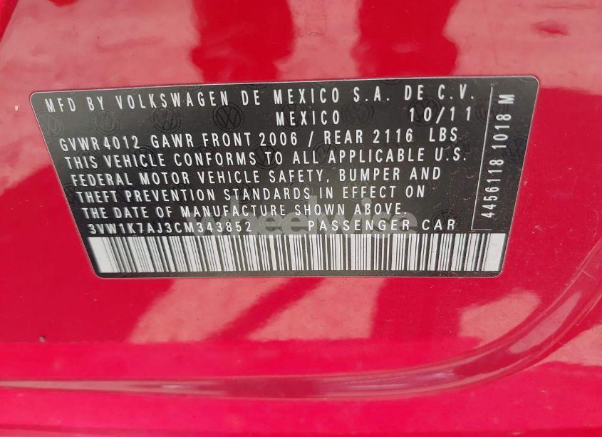 Photo 9 of 2012 Volkswagen Jetta 2.0L S (VIN 3VW1K7AJ3CM343852)