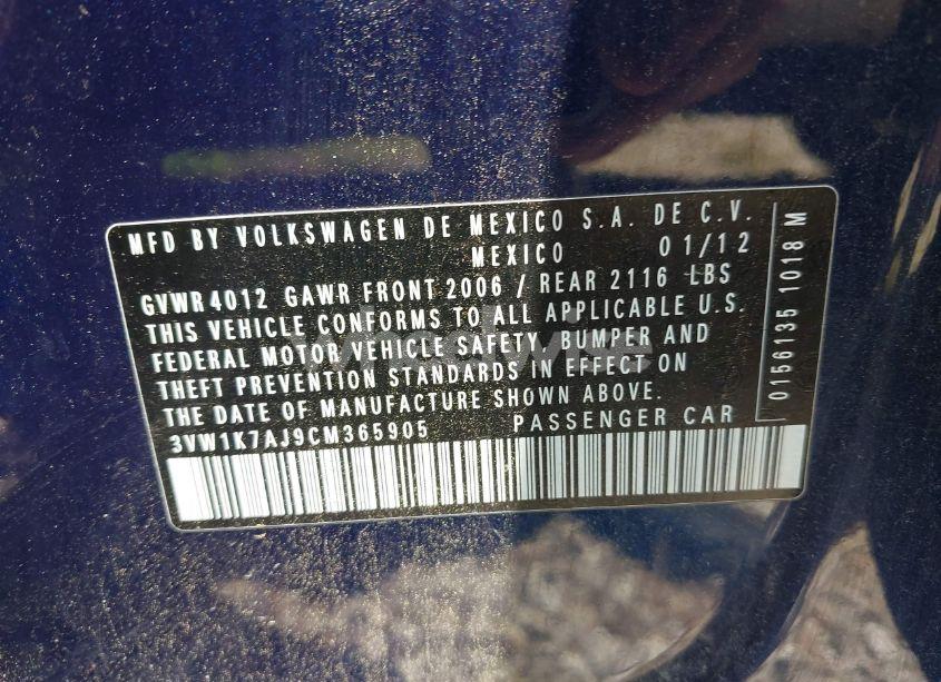 Photo 9 of 2012 Volkswagen Jetta 2.0L S (VIN 3VW1K7AJ9CM365905)