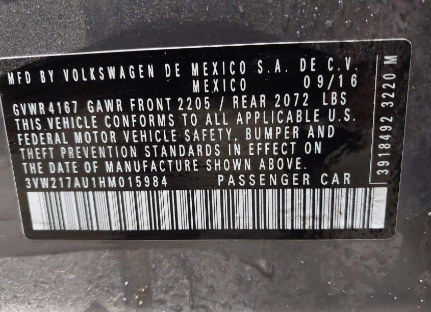 Photo 9 of 2017 Volkswagen Golf TSI S 4-DOOR/TSI SE 4-DOOR/TSI SEL 4-DOOR/TSI WOLFSBURG EDITION 4-DOOR (VIN 3VW217AU1HM015984)