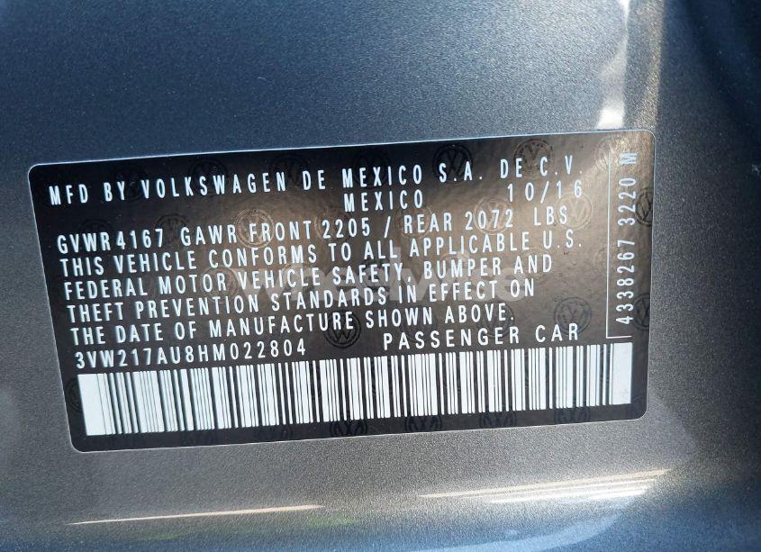 Photo 9 of 2017 Volkswagen Golf TSI S 4-DOOR/TSI SE 4-DOOR/TSI SEL 4-DOOR/TSI WOLFSBURG EDITION 4-DOOR (VIN 3VW217AU8HM022804)