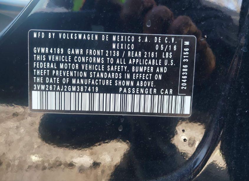 Photo 9 of 2016 Volkswagen Jetta 1.4T S (VIN 3VW267AJ2GM387419)