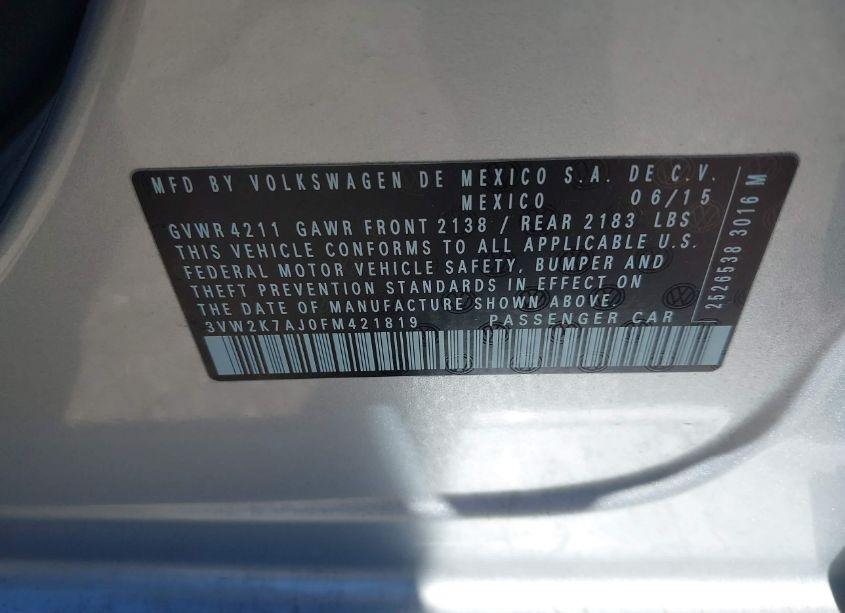 Photo 9 of 2015 Volkswagen Jetta 2.0L S (VIN 3VW2K7AJ0FM421819)