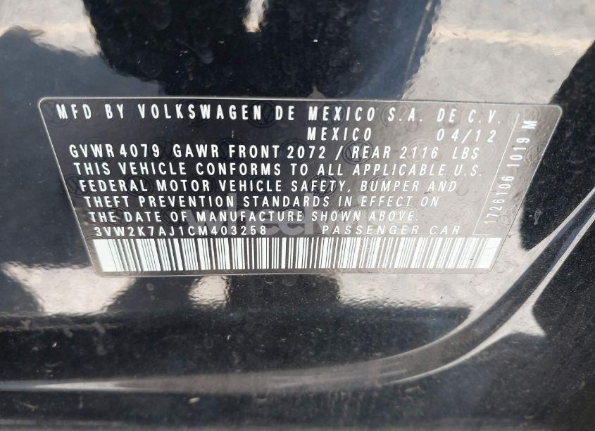 Photo 9 of 2012 Volkswagen Jetta 2.0L S (VIN 3VW2K7AJ1CM403258)